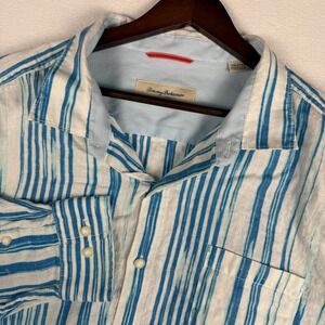 Tommy Bahama 100% Linen Shirt Mens 2XL Blue‎ Vertical Stripe Long Sleeve